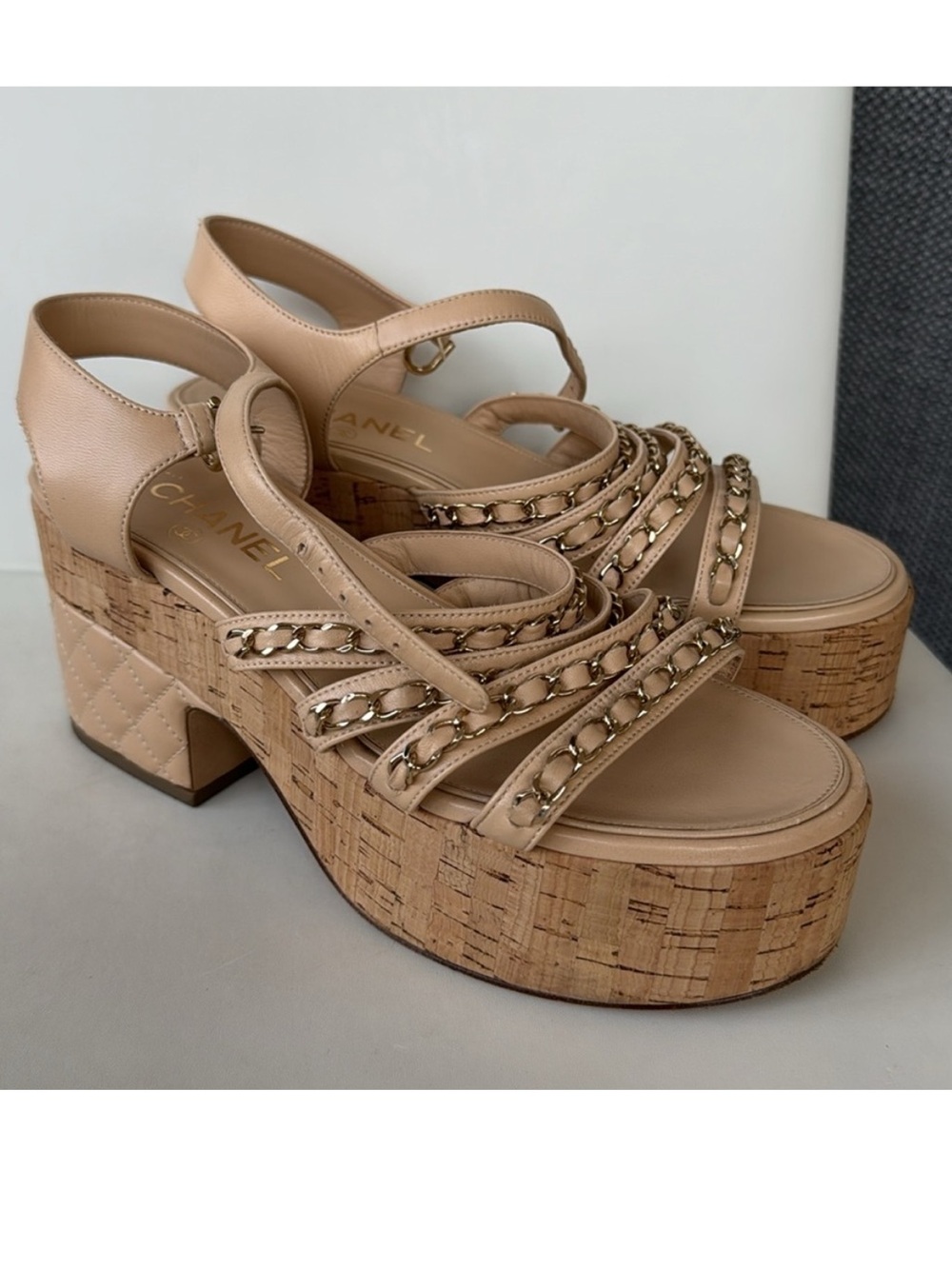 CHANEL Nude Leather Cork Platform Sandals with Chain Trim